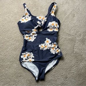 Albion Top Knot One-Piece Swimsuit Blue Floral Daisy M